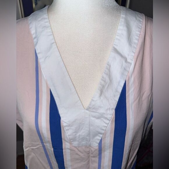 PEARL by Lela Rose Striped Ruffle Sleeve Pink Blue Designer Sheath Mini Dress S - Picture 9 of 12